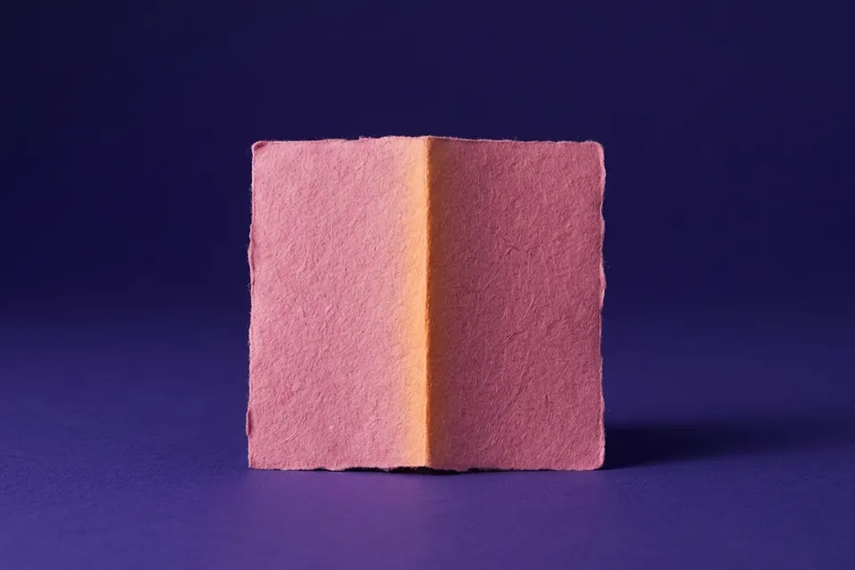 Hoja de papel rosa doblada con cuidado, con una línea de luz ámbar en el pliegue, sobre fondo violeta.