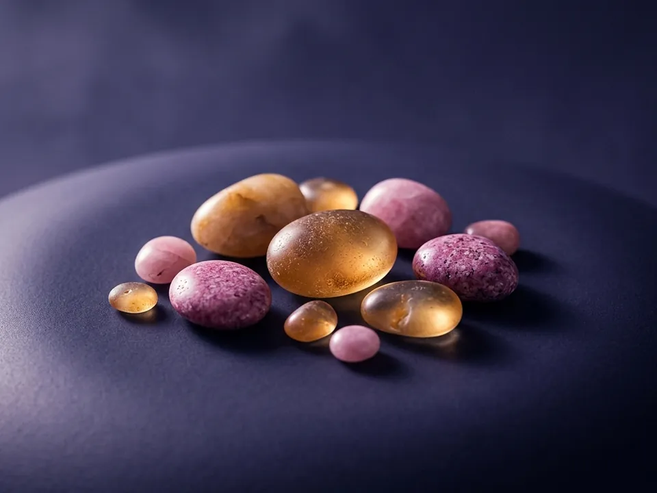 Grupo de piedras de río pulidas de distintos tamaños con reflejos ámbar sobre fondo violeta.