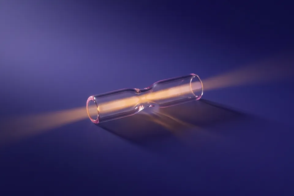 Tubo de vidrio que se estrecha en el centro, atravesado por un haz de luz ámbar, sobre fondo violeta.