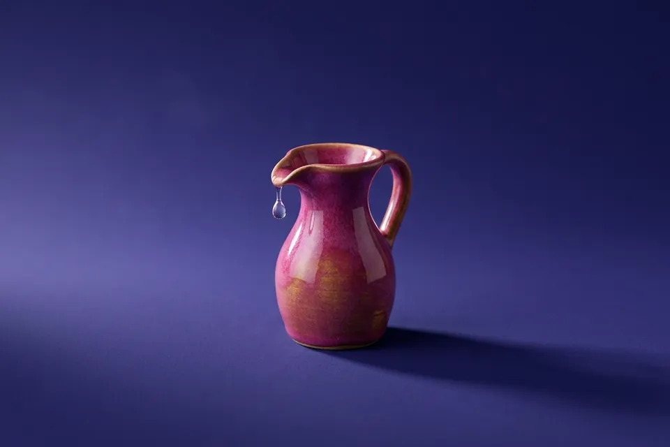 Cántaro de cerámica magenta con una gota de agua detenida bajo el pico, sobre fondo violeta.