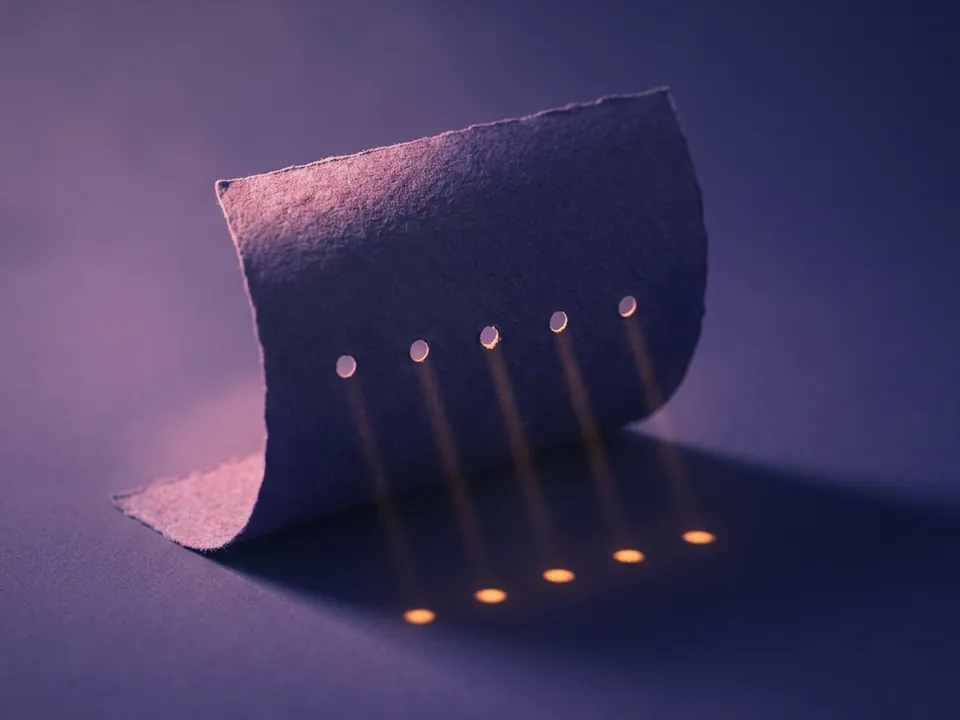Hoja de papel violeta con pequeños orificios por los que entra una luz ámbar que dibuja puntos sobre la mesa.