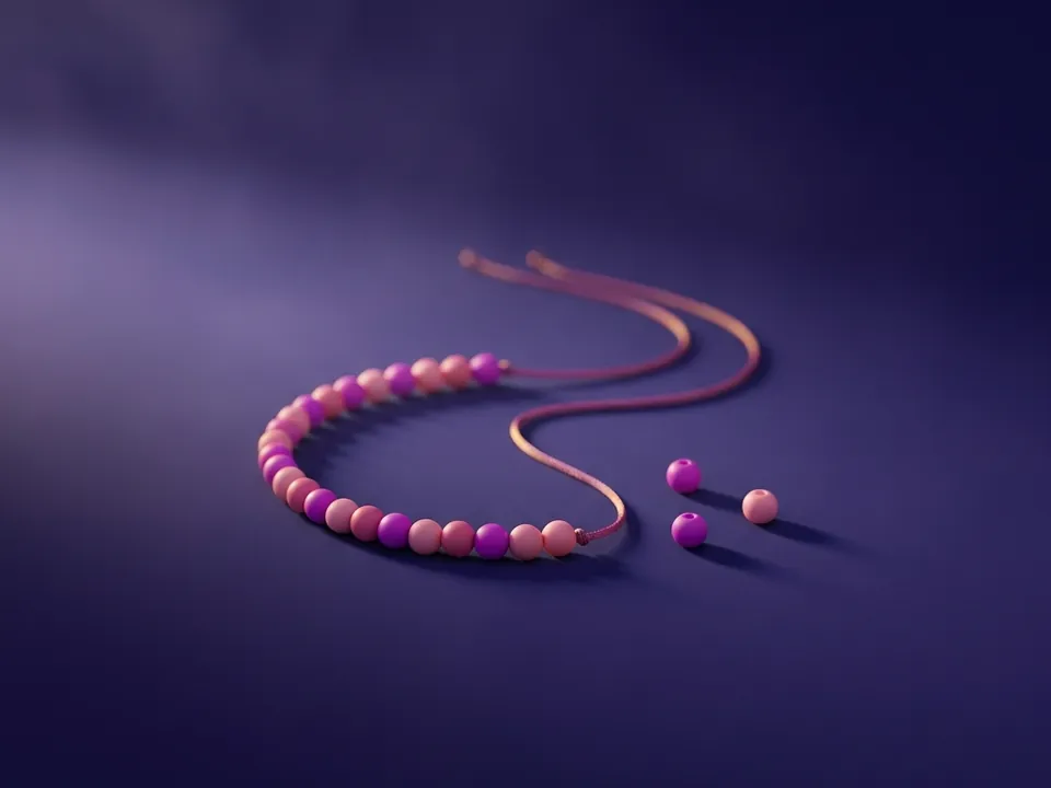 Hilera de pequeñas cuentas rosa y magenta en un cordón de seda, con algunas cuentas sueltas a un lado.