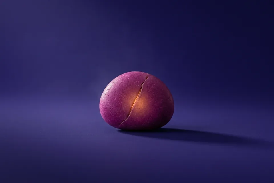 Canto rodado magenta con una grieta fina por la que asoma una luz ámbar, sobre fondo violeta.