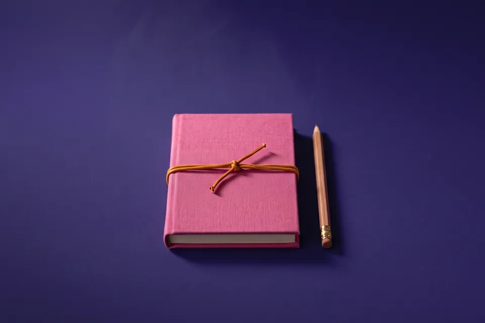 Libreta cerrada de tapa rosa atada con un cordón ámbar y un lápiz de madera al lado, sobre fondo violeta.