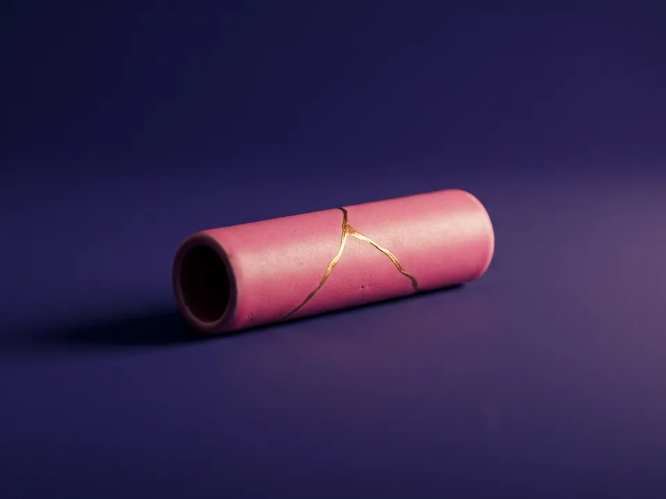 Cilindro de cerámica rosa reparado a lo largo de una grieta con una veta dorada.