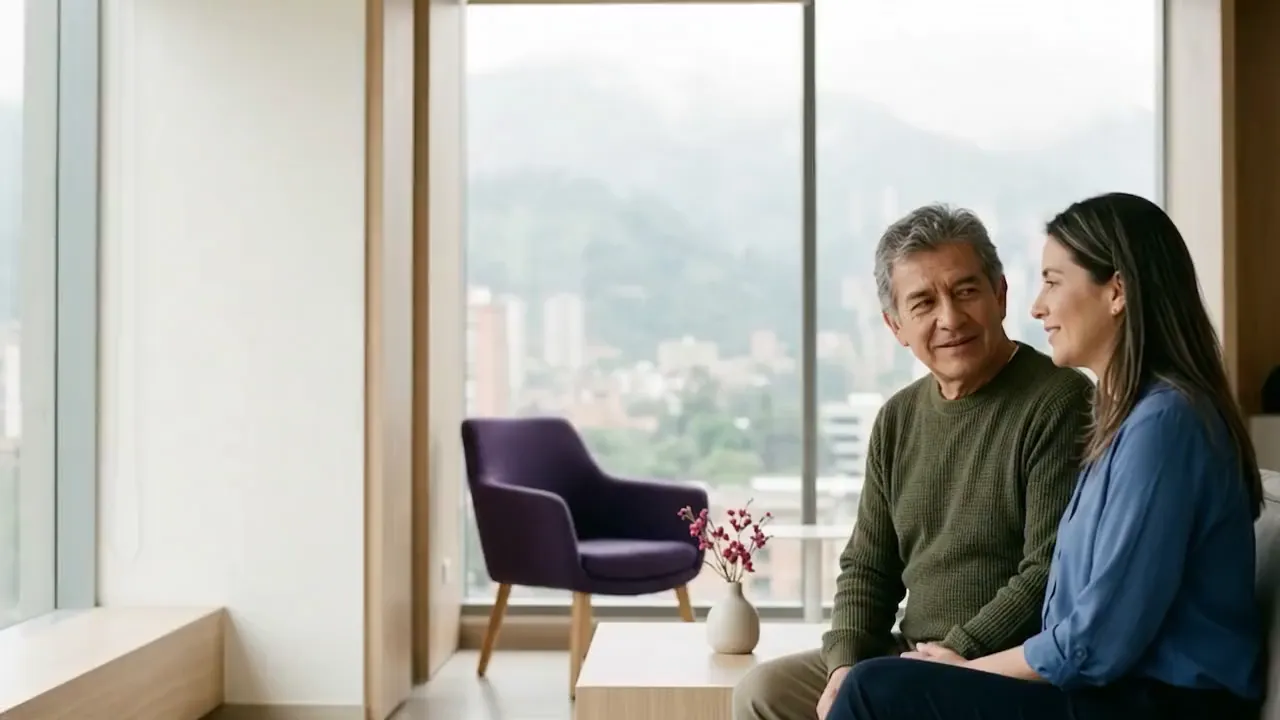 Un hombre mayor y su hija adulta conversan con tranquilidad en una sala de espera luminosa.